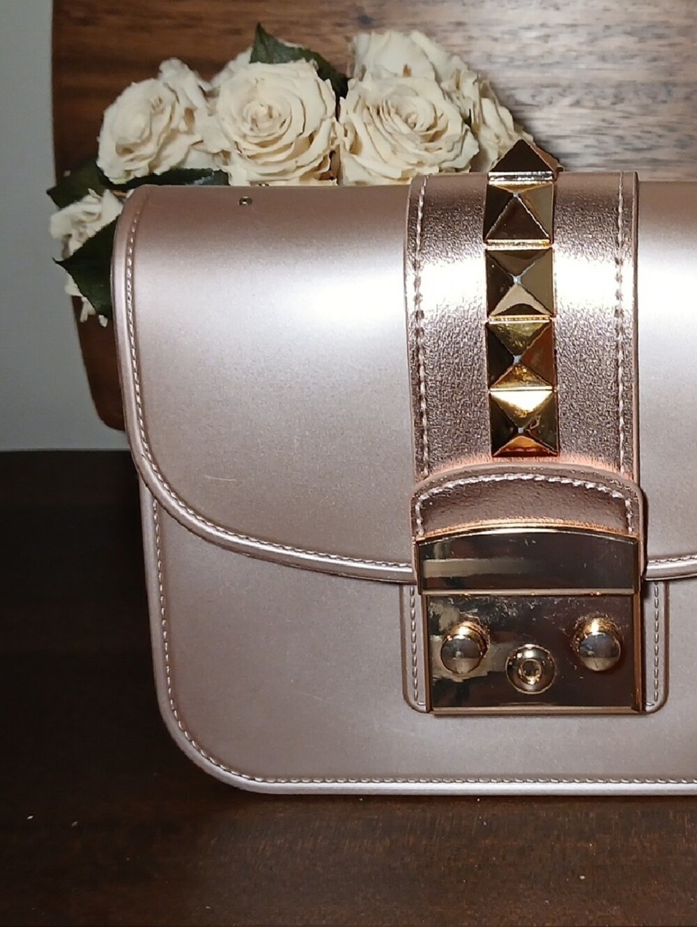Studded Rose Gold Crossbody Clutch